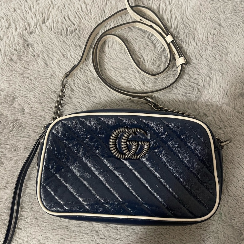 Gucci GG marmont navy blue & white trim calfskin leather camera bag